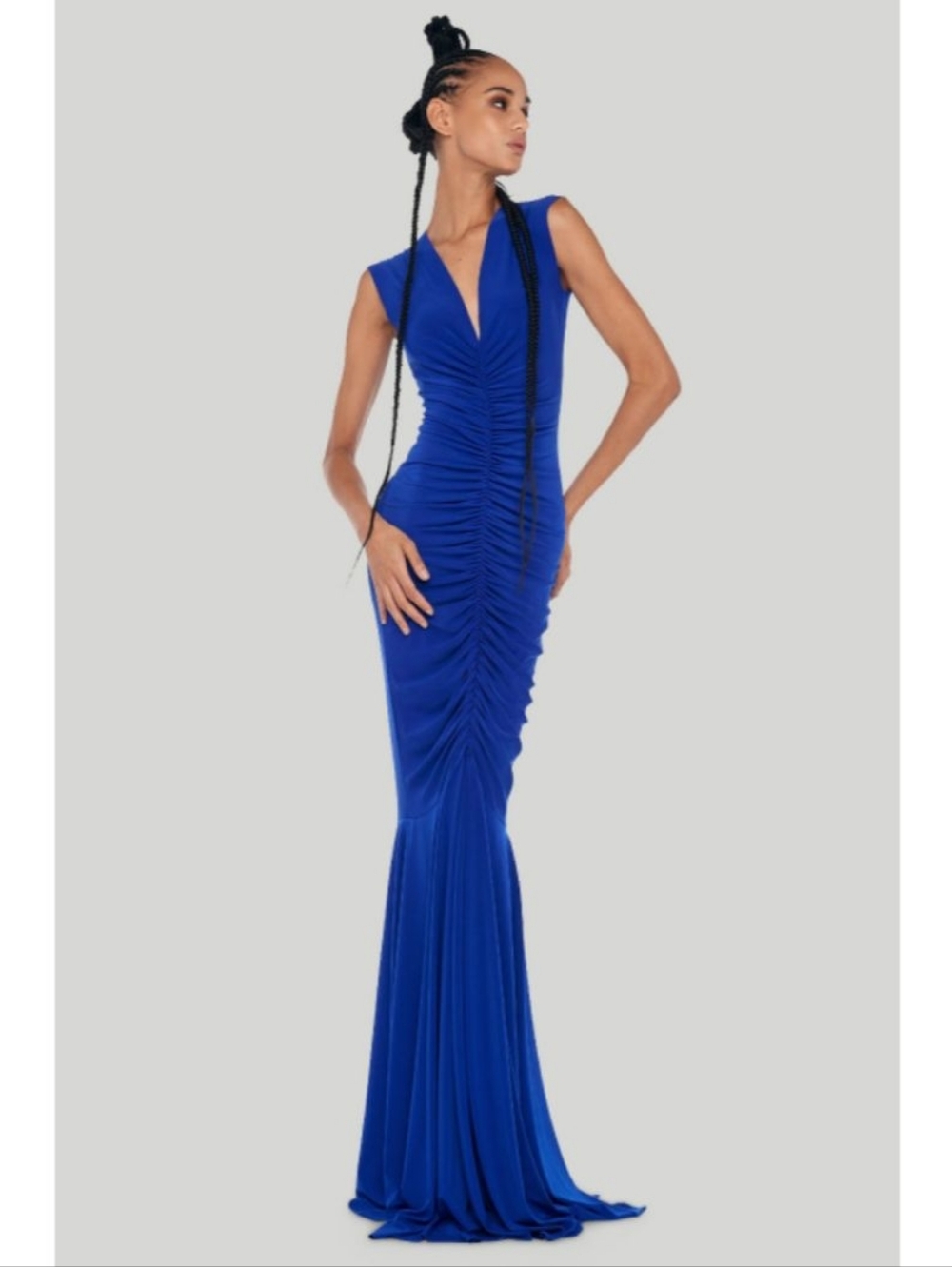 Norma Kamali Electric Blue Deep V Neck Shirred Fishtail Sleeveless Gown Dress